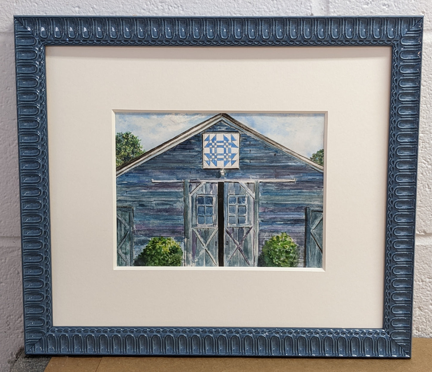 Original framed watercolor "Blue Quilt"