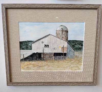 Original framed watercolor painting "Cows and Stars"