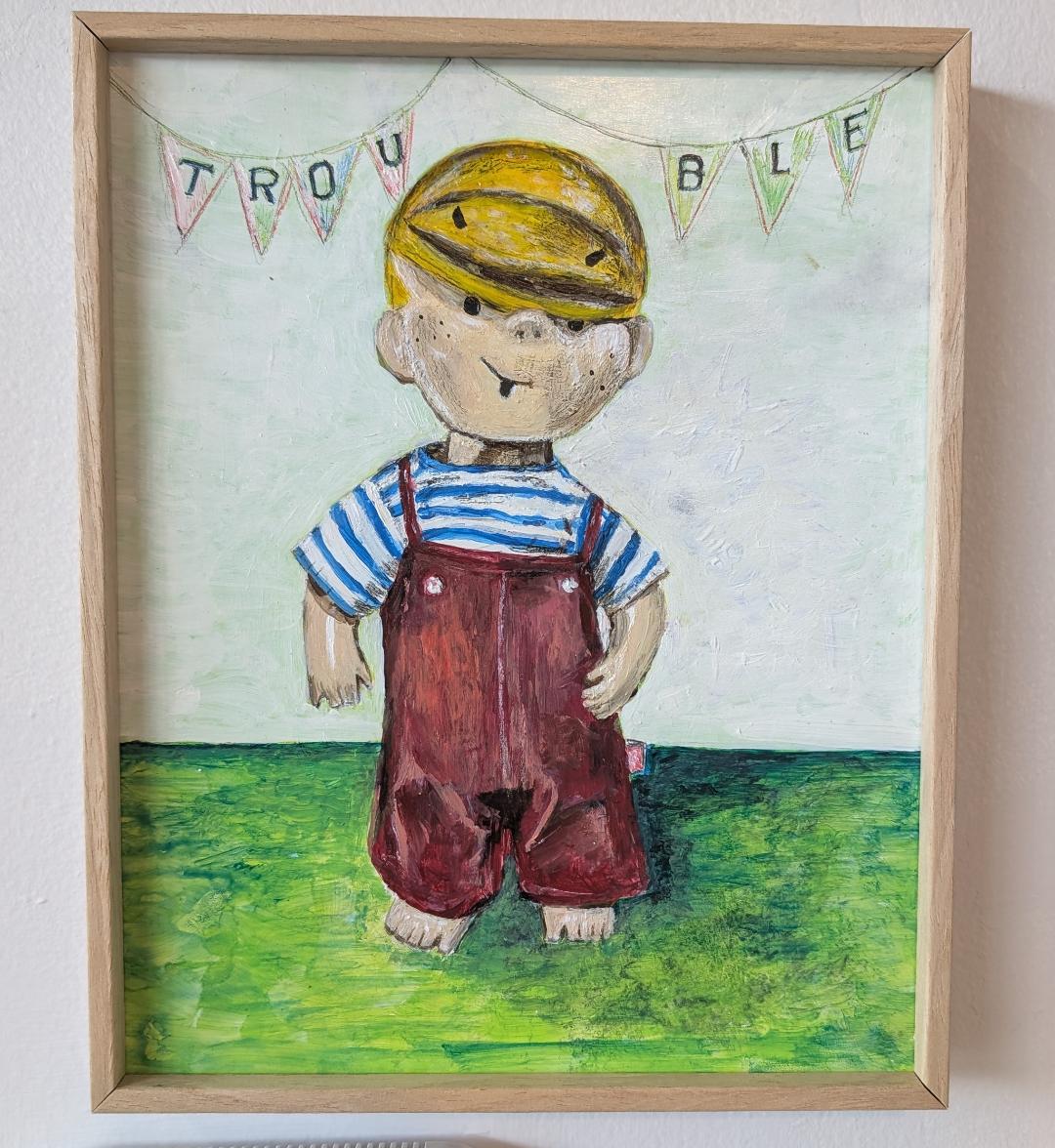 Original framed acrylic "Trouble Party of One"